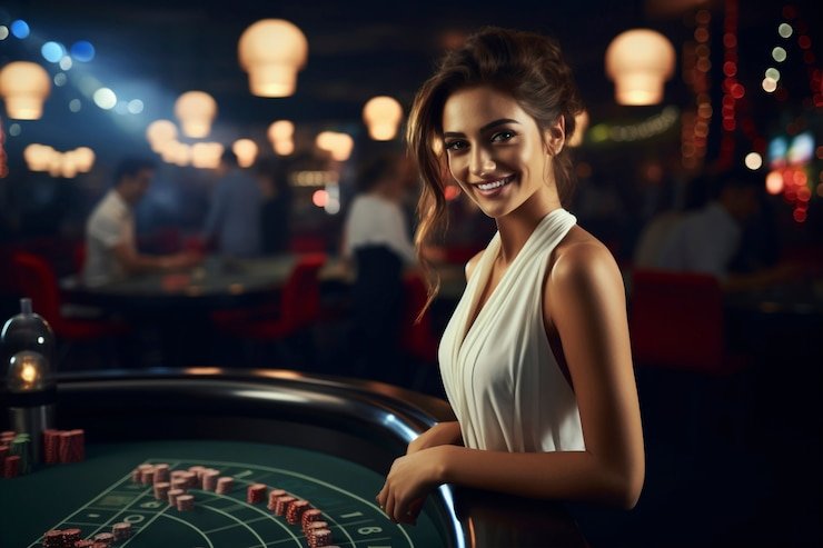 Meja live casino dengan dealer wanita dan beberapa pemain